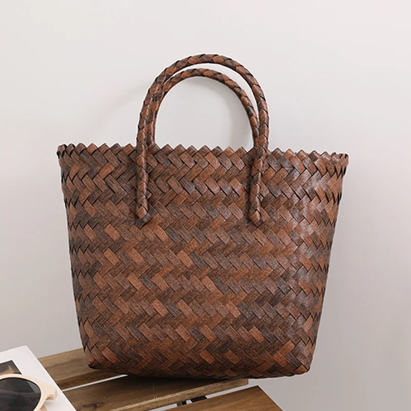 

Summer Straw Basket Bag For Women Rattan Beach Bag Vintage Handmade Handle Bag Braided Woven Shopping Vegetable Totes bolsa