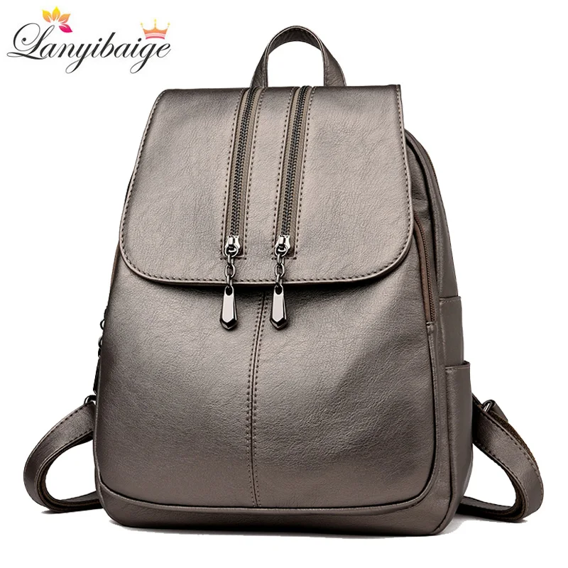 

Casual Double Zipper Women Backpack Large Capacity School Bag For Girl Brand Leather Shoulder Bag 2022 Lady Bag Travel Backpack