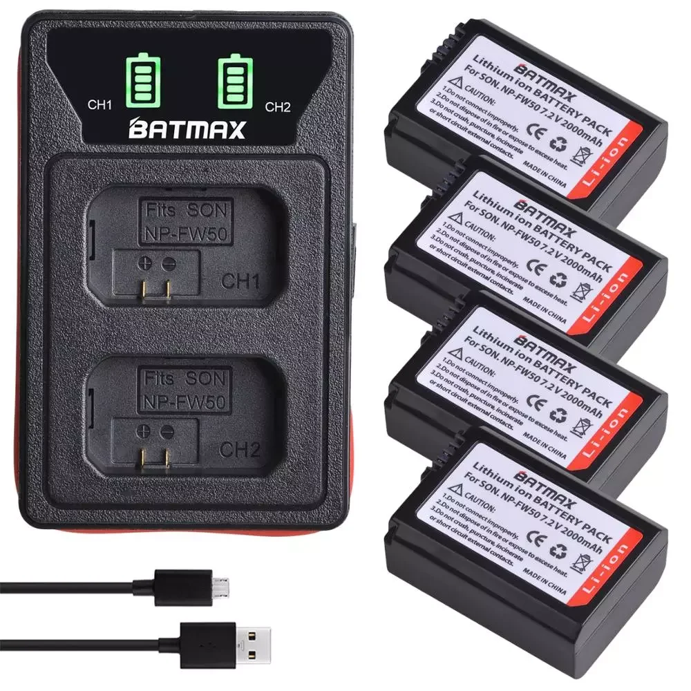 

4X 2000mAh NP-FW50 NP FW50 Battery + LED USB Dual Charger for Sony A6000 A6400 A6300 A6500 A7 A7II A7RII A7SII A7S A7S2 A7R