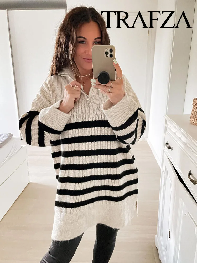 

TRAFZA Women Fashion Sweaters 2023 Knitting Long Sleeve Tight Sweater Woman With Zipper Versatile Streetwear Mujer Pullovers