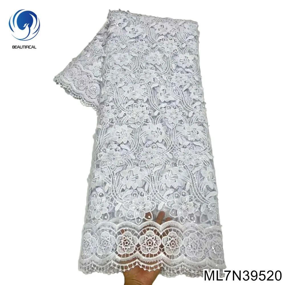 The New White Sequins Lace Fabric African Lace Fabric with Sequins Nigerian Embroidery Lace Fabrics for Party Dress ML7N395