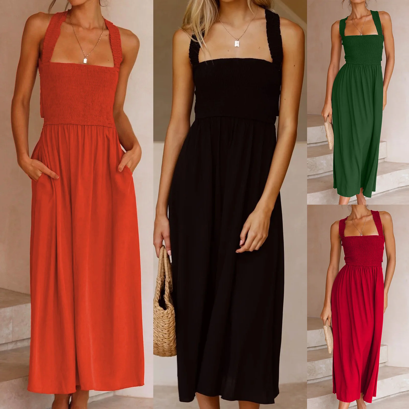 

Summer Women Sexy Midi Dress Solid Color Sleeveless Backless Slim Evening Dress Y2k Streetwear Casual Simple Long Dress