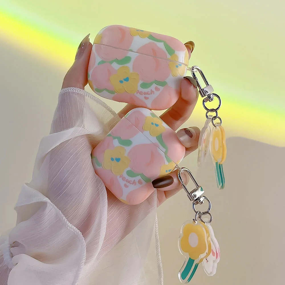 

Чехлы для AirPods Pro 2, чехол, корейский персиковый симпатичный цветок, подвеска, брелок, чехол для наушников Air pods, силиконовый чехол для наушник...