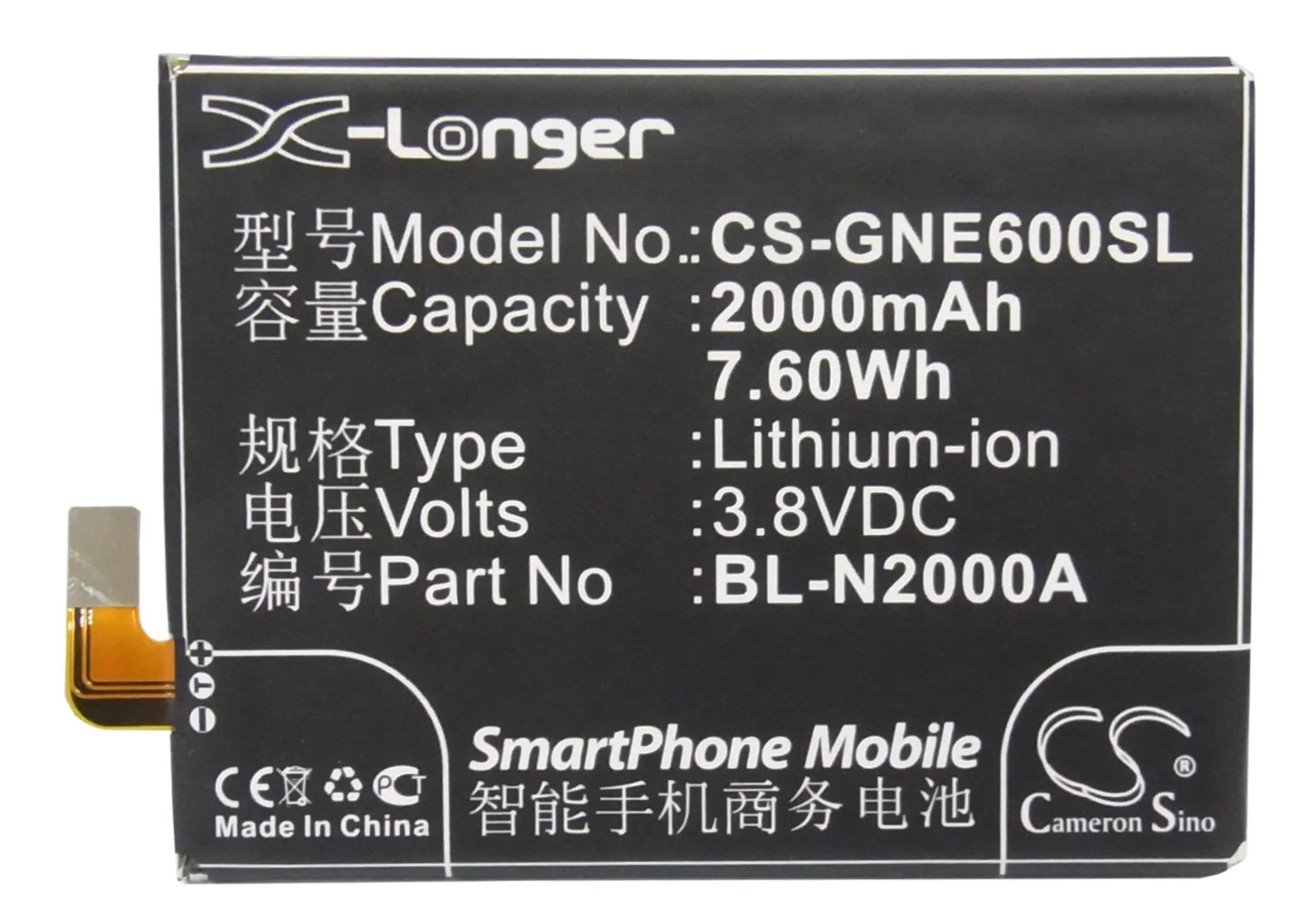 

Cameron Sino 2000mAh Battery BL-N2000A for Fly IQ453 Quad, Luminor FHD, for BLU L240A, L240i, Life Pure, for GIONEE E6, E6t