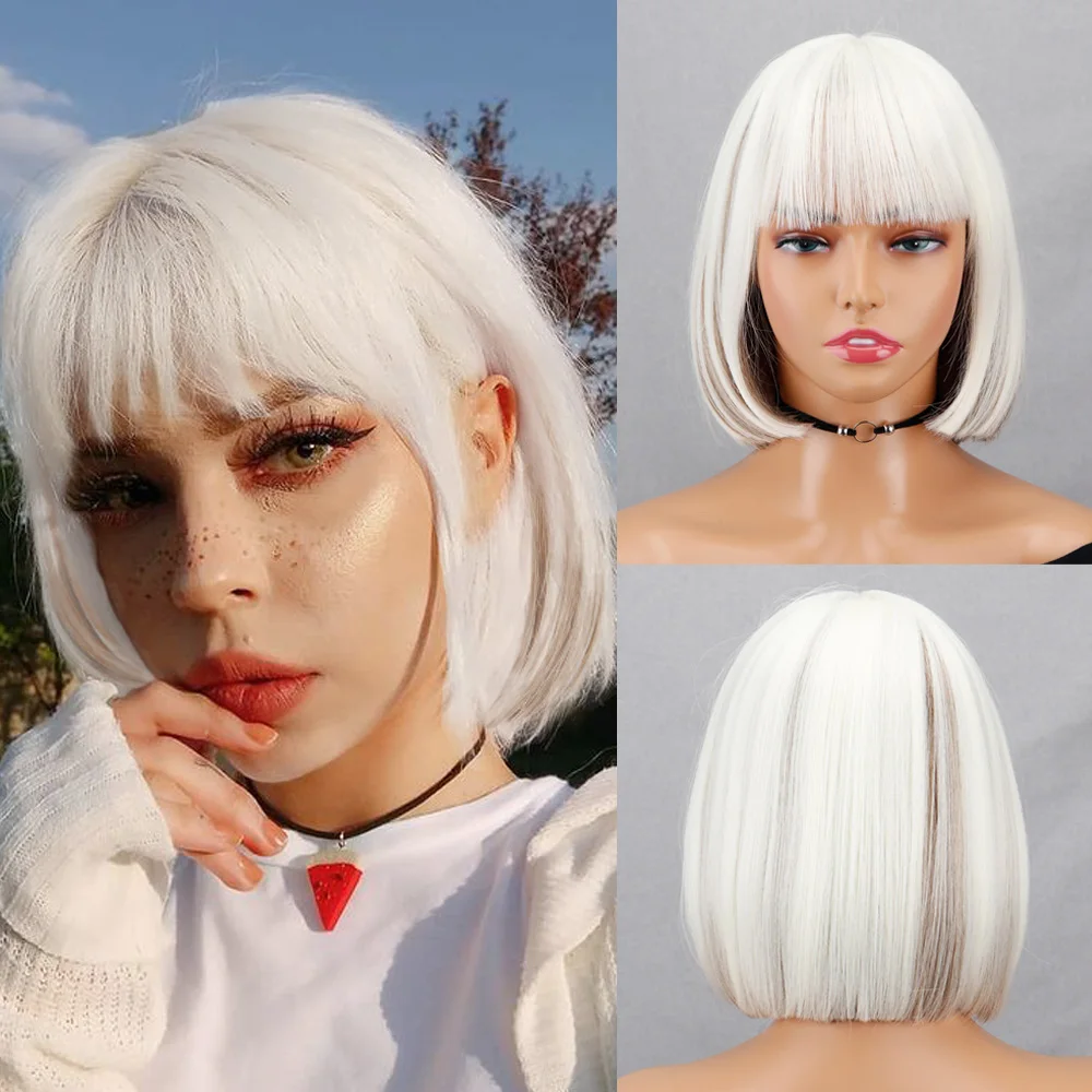 

Pink Short Bob Black Synthetic Wigs Platinum Women Brown With Bangs Wig for for Lolita Party Cosplay Daily Use Natural Hiar