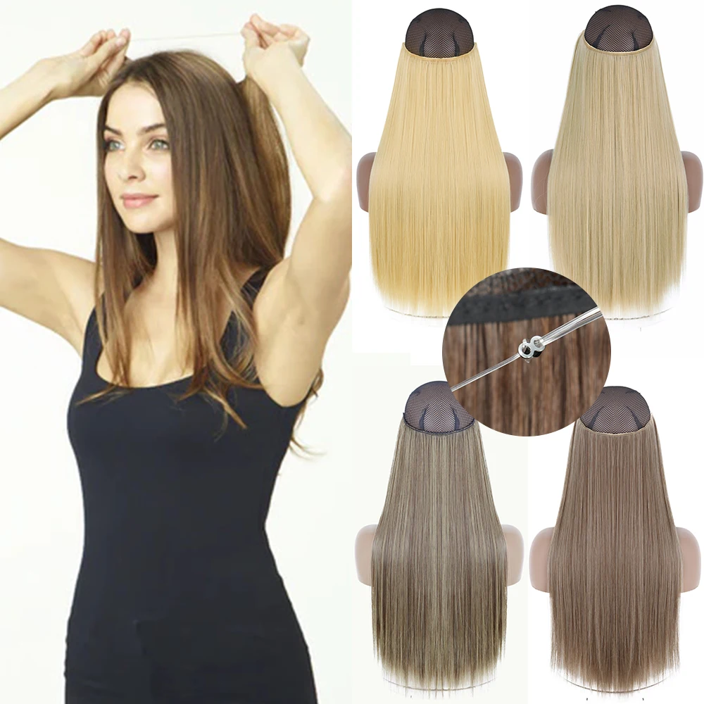 AZQUEEN Synthetic No Clip In Invisible Fish Line Hair Extensions 40 55 80cm Long Straight Fake Hairpiece For Women