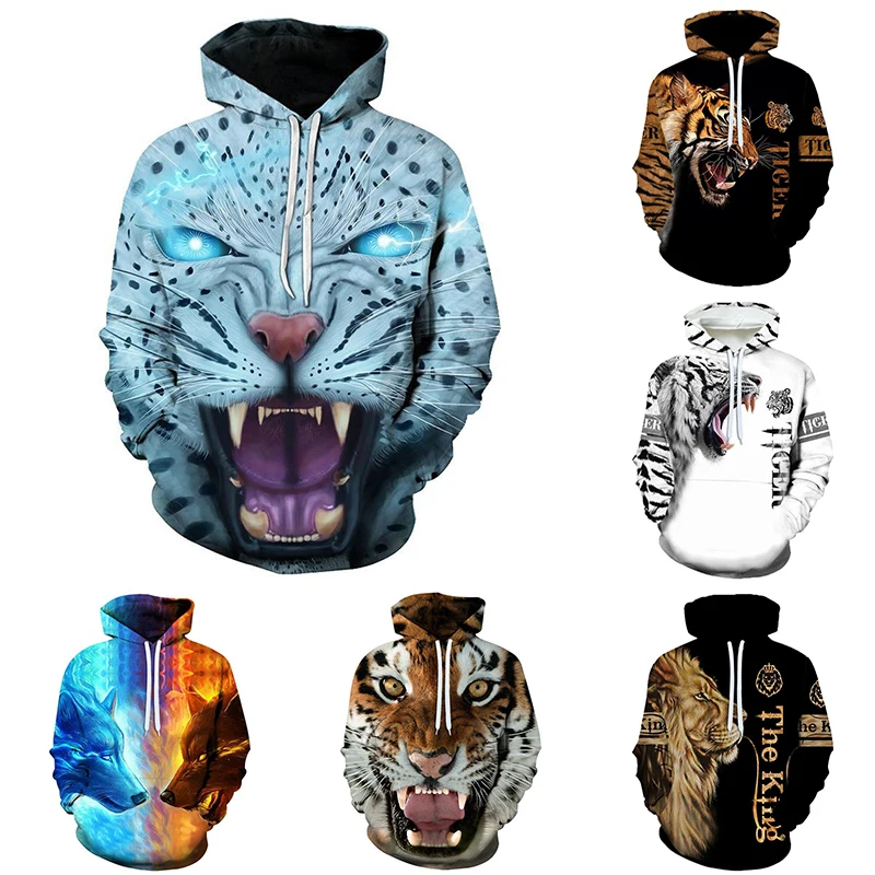 

New Men Street Retro Hip Hop Hoodie Autumn Winter Oversized Men's Hoodie Y2K Top Handsome Clothing Printed Lion Pattern Hoodie