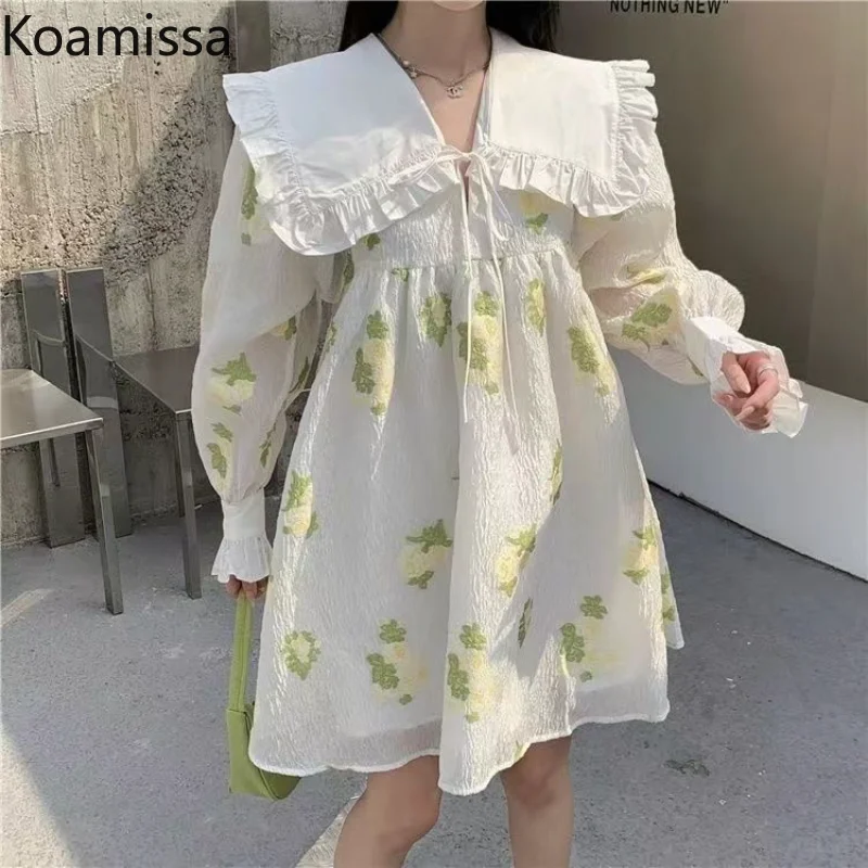 

Koamissa Sweet Women Flower Midi Dress Long Sleeves Peter Pan Collar Spring Summer Dresses 2023 New Chic Vestidos Kawaii Robe