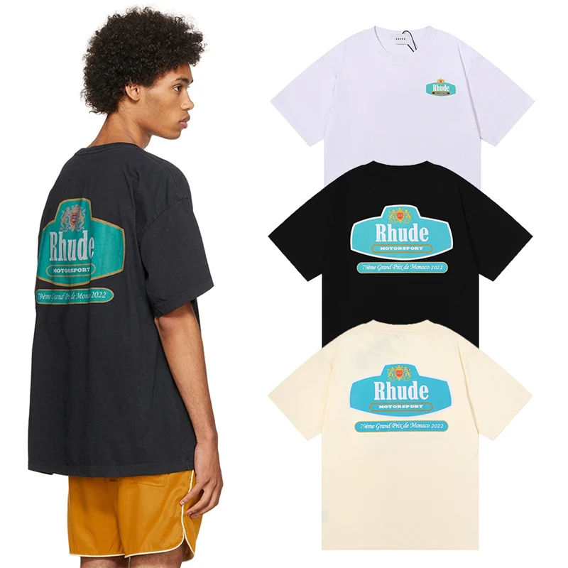 

2022 Rhude New Cotton Racing Crest Moonlight Print High Quality Top Maxfield LA Limited Eagle Printed short-sleeved T-shirt