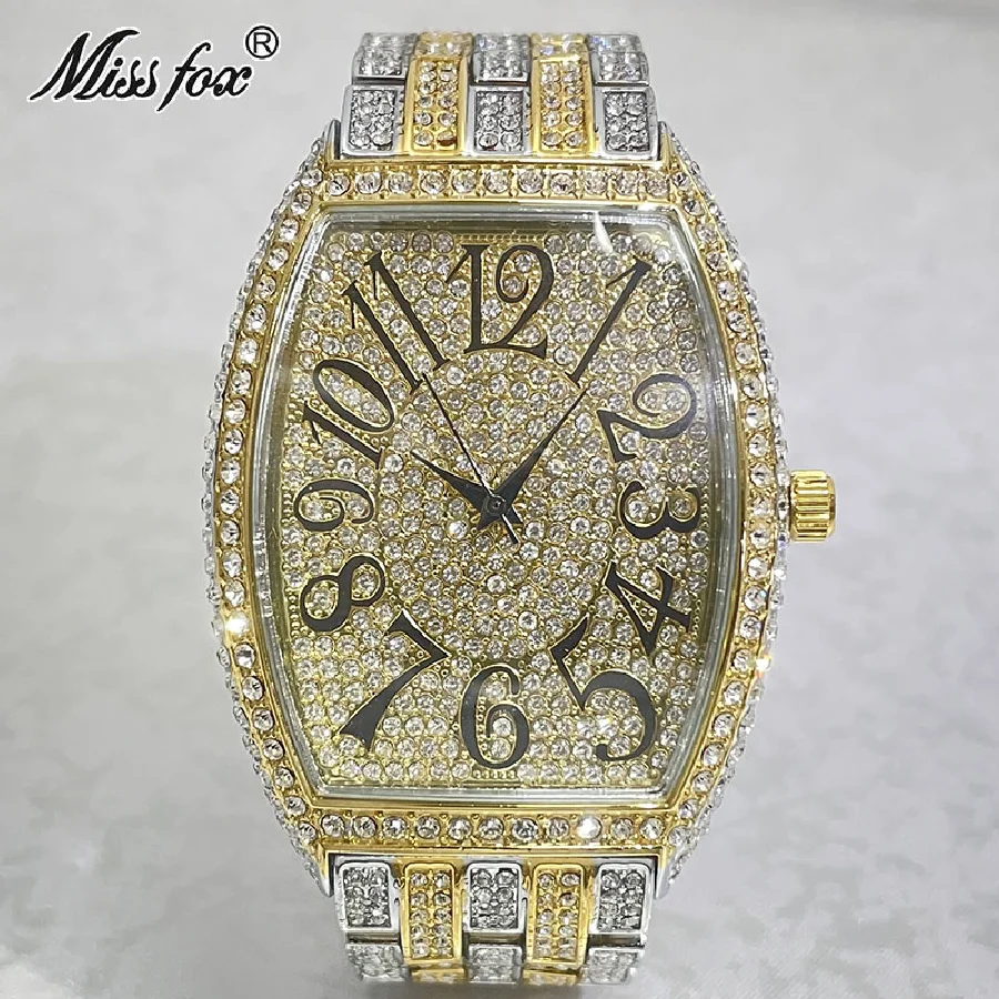 

Hip Hop Brand MISSFOX Gold Watches Men Luxury Iced Out Waterproof Wrist Watch Full Diamond AAA Clocks Gift For Man Reloj Hombre