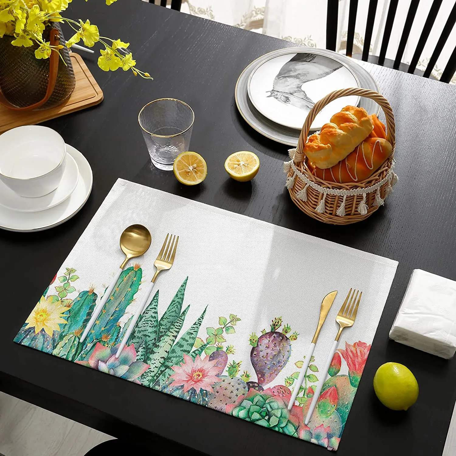 

Dining Table Placemats Summer Tropical Cactus Pattern Heat Insulation Placemats White Plants Non Slip Place Mats