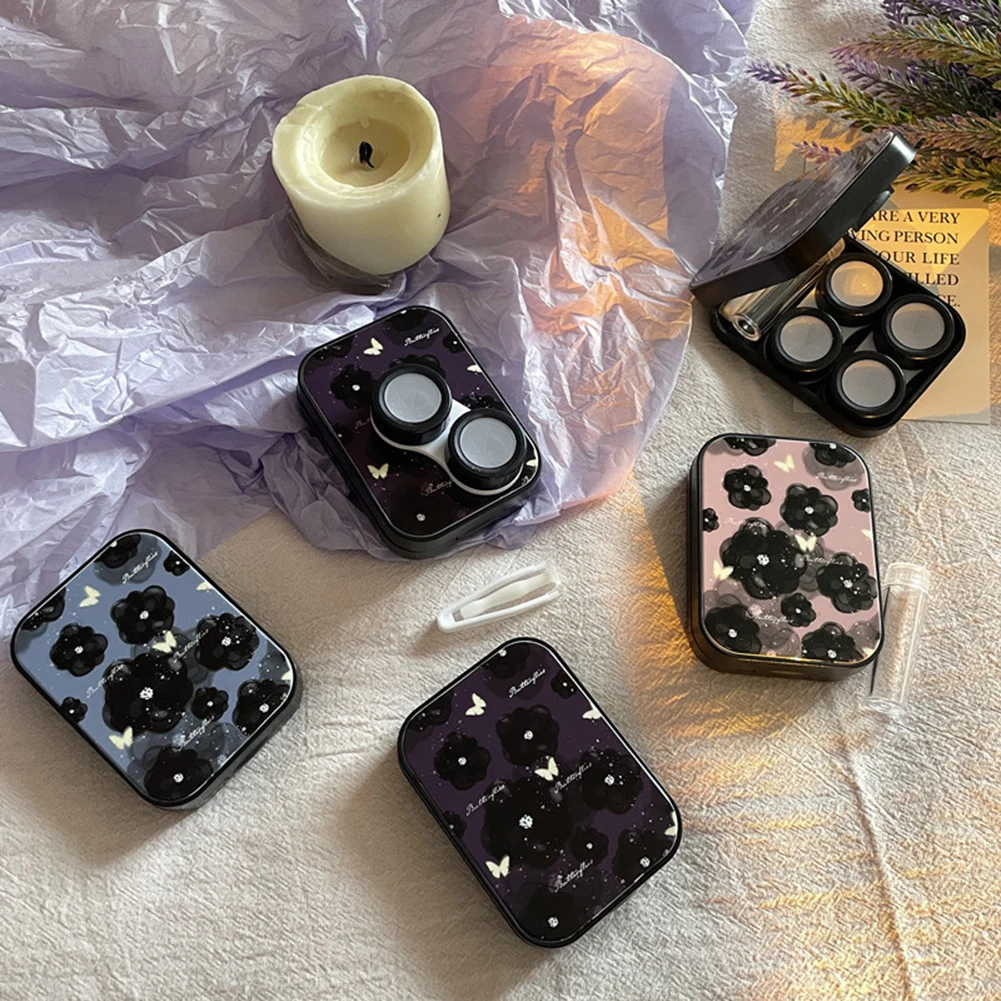 

Black Flower Contact Lens Case Women Cute Colored Contacts Lens Container Portable Travel Storage Box 6PCS/Set Gift For Girl