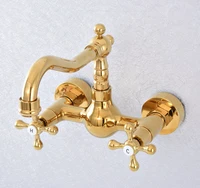polished gold color brass bathroom kitchen sink basin faucet mixer tap swivel spout wall mounted dual cross handles msf621