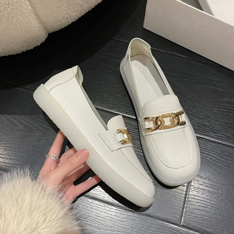 

2022 Women Golden Chain Flats Ballet Shoes Squared Leather Breathable Moccasins Women Boat Shoes Ballerina Ladies Casual Shoes 6