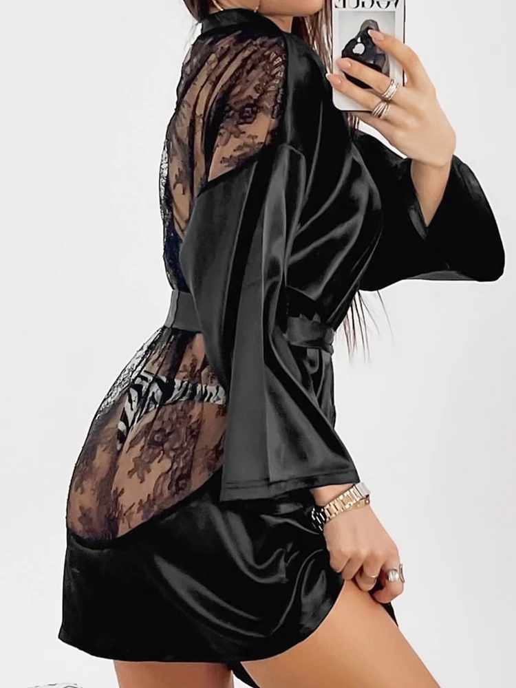 

Халат женский кружевной с длинным рукавом, V-образным вырезом и поясом