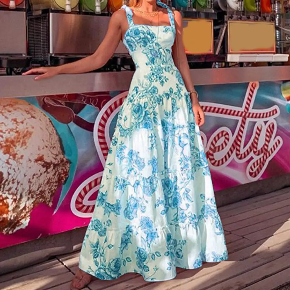 

Popular Women Dress Off Shoulder Slim Summer Flower Pattern Suspenders Maxi Dress