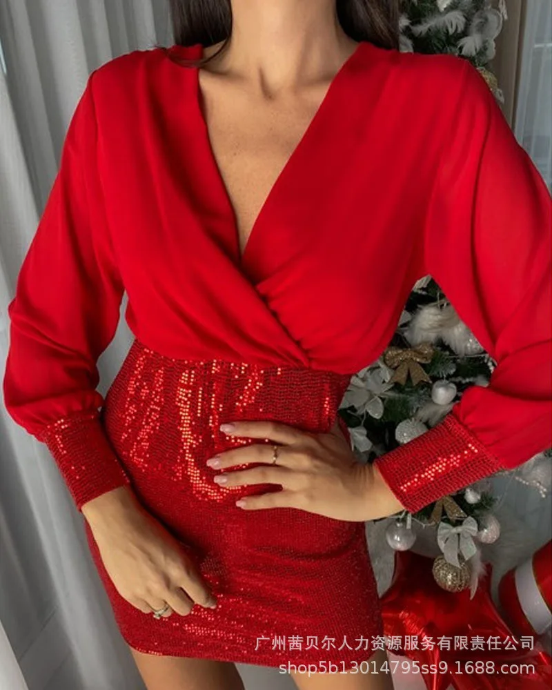 

Dress High Waist Mini Mesh Stitching Beaded Vestidos Elegant Women Autumn Solid Color V Neck Long Sleeve Sequin Party Dresses