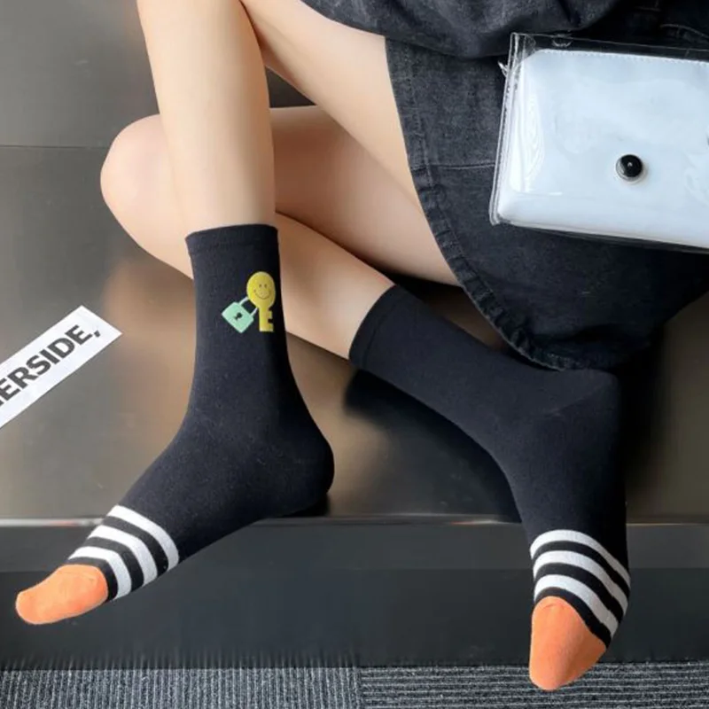 5 Pair College Style Pure Cotton Socks Women Cute Cartoon Smiley Stripe Long Socks Set Autumn Winter Fashion Cycling Foot Cover