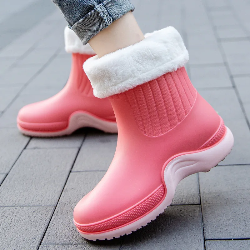 Women Mixed Colors Rain Boots Female Outdoor Non-slip Waterproof Work Water Shoes Winter Fashion Warm Rainboots