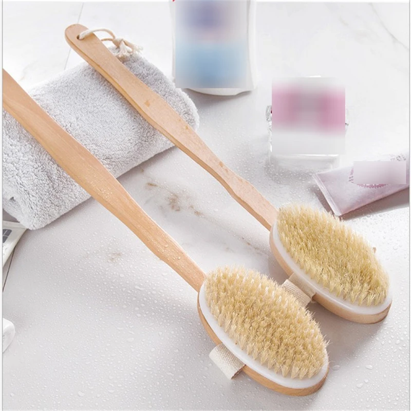 

Bathroom Long Handle Body Brushes Bath Natural Bristles Brushes Exfoliating Massager With Wooden Handle Dry Brushing Shower Tool