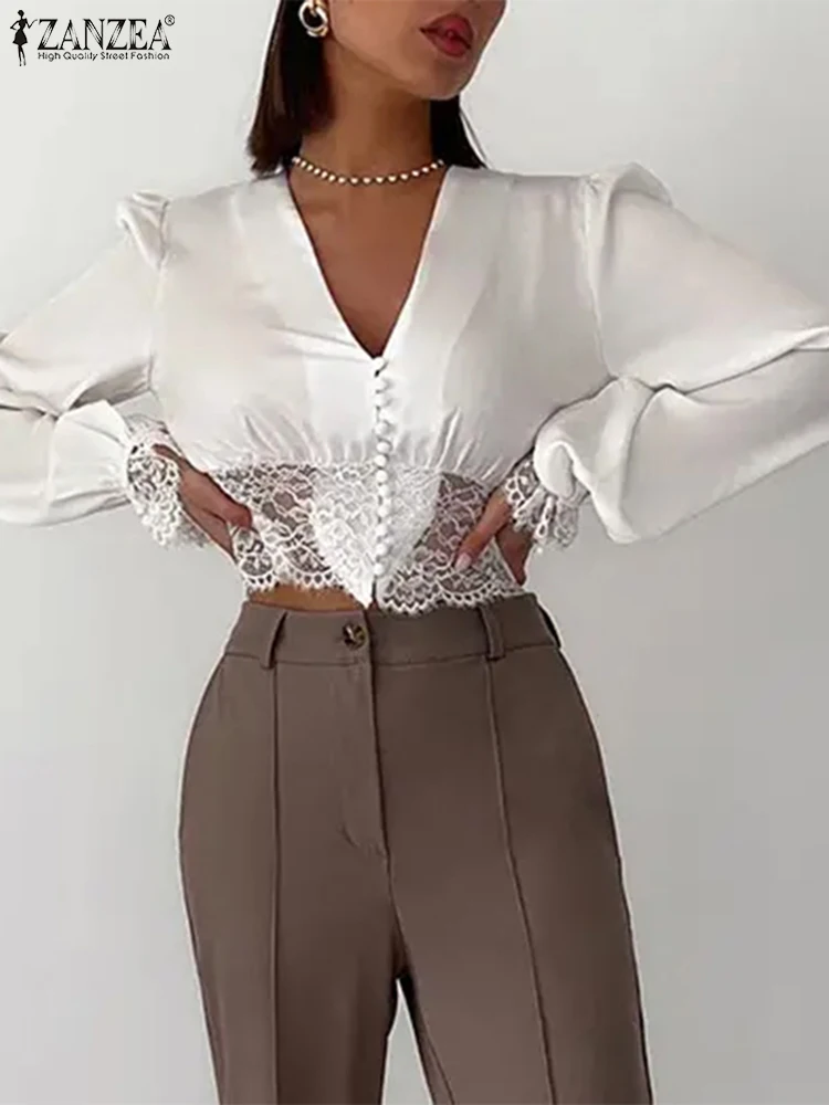 

Модные Элегантные короткие рубашки ZANZEA 2023, женские блузки с длинным пышным рукавом и кружевом, Осенние Сексуальные облегающие женские укороченные топы