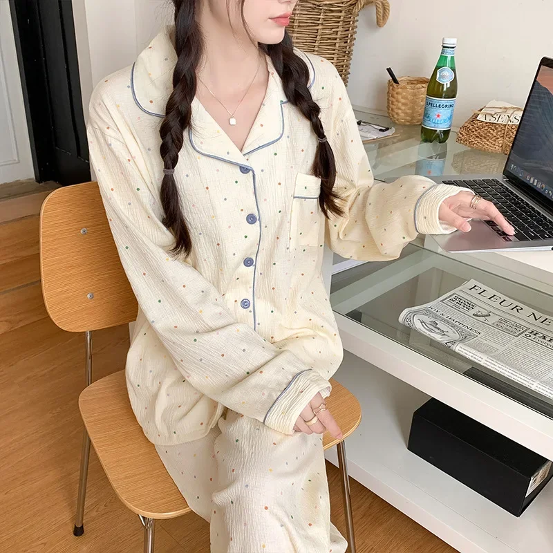 Новые милые женские пижамы в горошек с длинными рукавами весенне-осенний