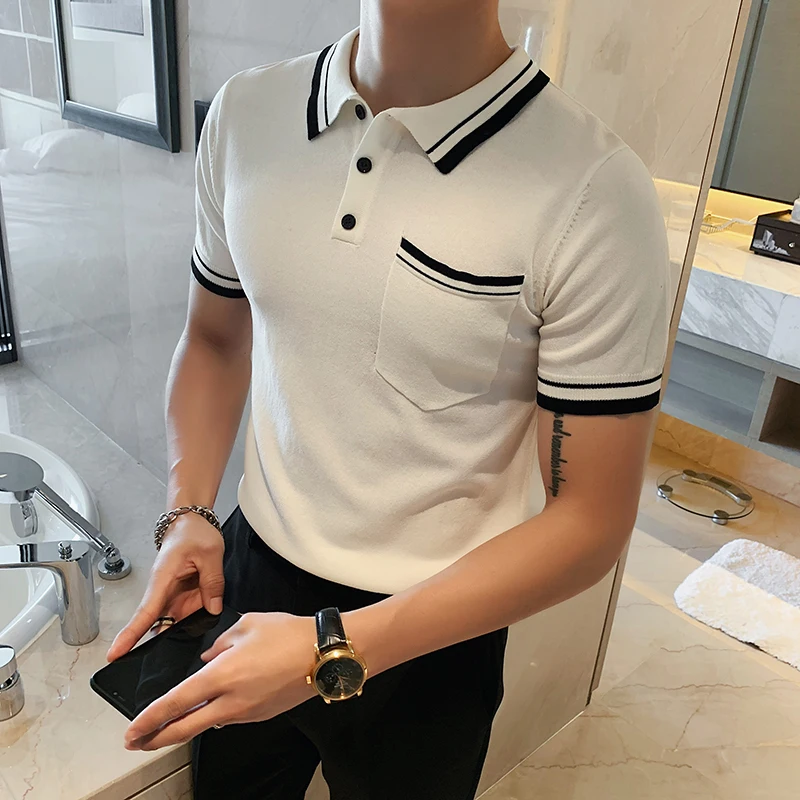 

2022 Men Casual Polo Shirts Stripe Patchwork New Knitting Lapel Pullover Fashion Vintage Mens Short Sleeve Slim Polos Clothing