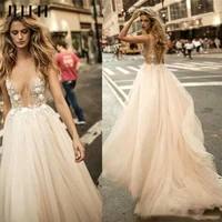 sexy deep v tulle wedding dress 2022 3d flowers lace appliques sleeveless backless a line vestido de novia sweep train for women