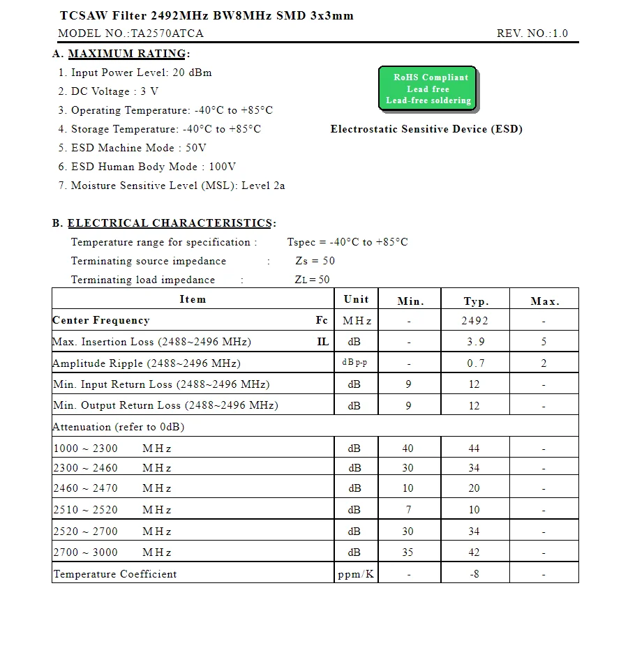 10 шт. TA2570ATCA код MR новый оригинальный 2492 МГц упакованный SMD пильный фильтр