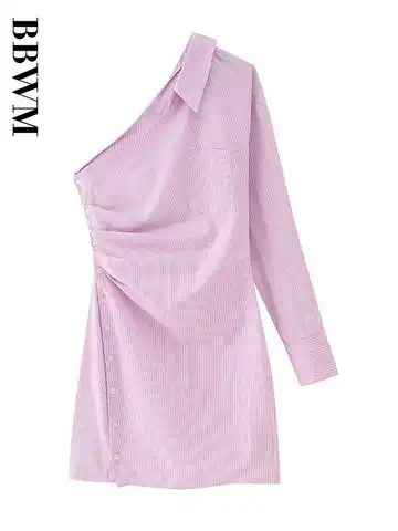 Striped Asymmetrical Dresses Women 2023 Summer One Shoulder Vintage Long Sleeve Mini Streetwear Fashion Chic Female Short Dress