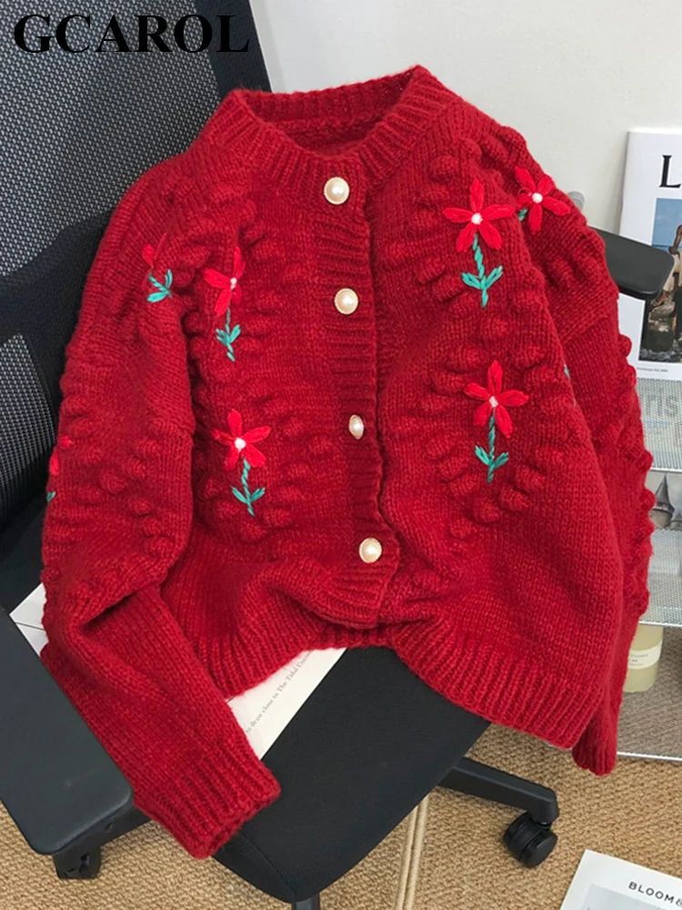 

GCAROL Autumn Winter 3D Floral Crochet Cardigan Pearls Button Coarse Yarn Vintage Sweet Sweater Short Loose Lazy Preppy Style