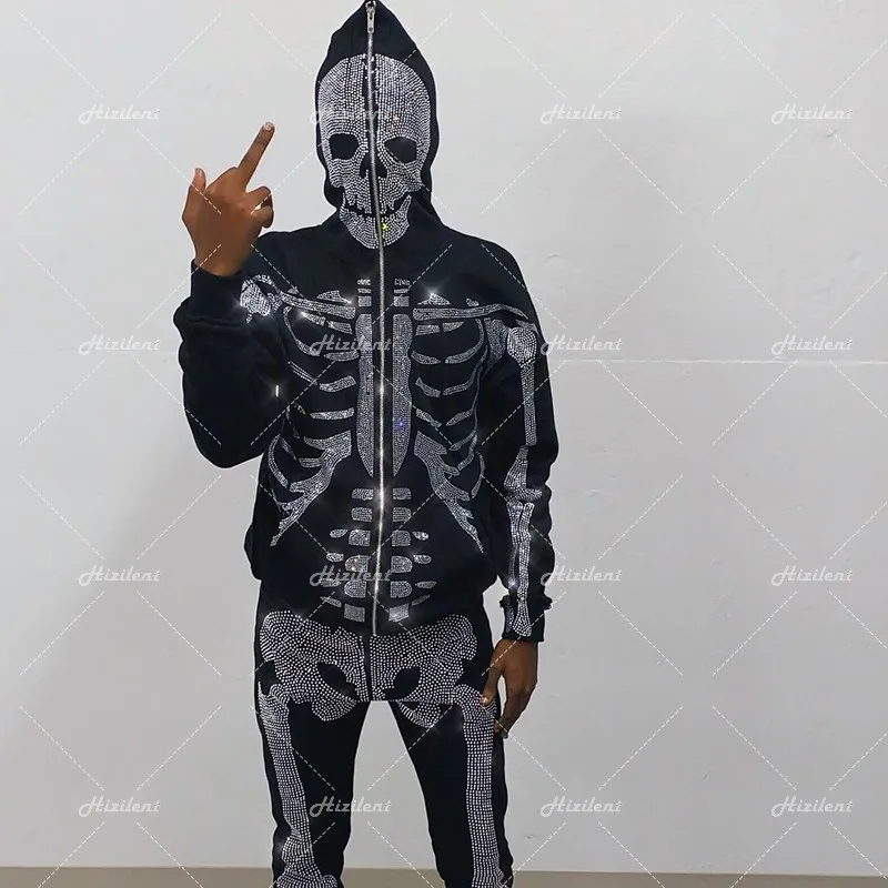 Толстовка стразы на молнии Свитшот со скелетом спортивное пальто пуловер