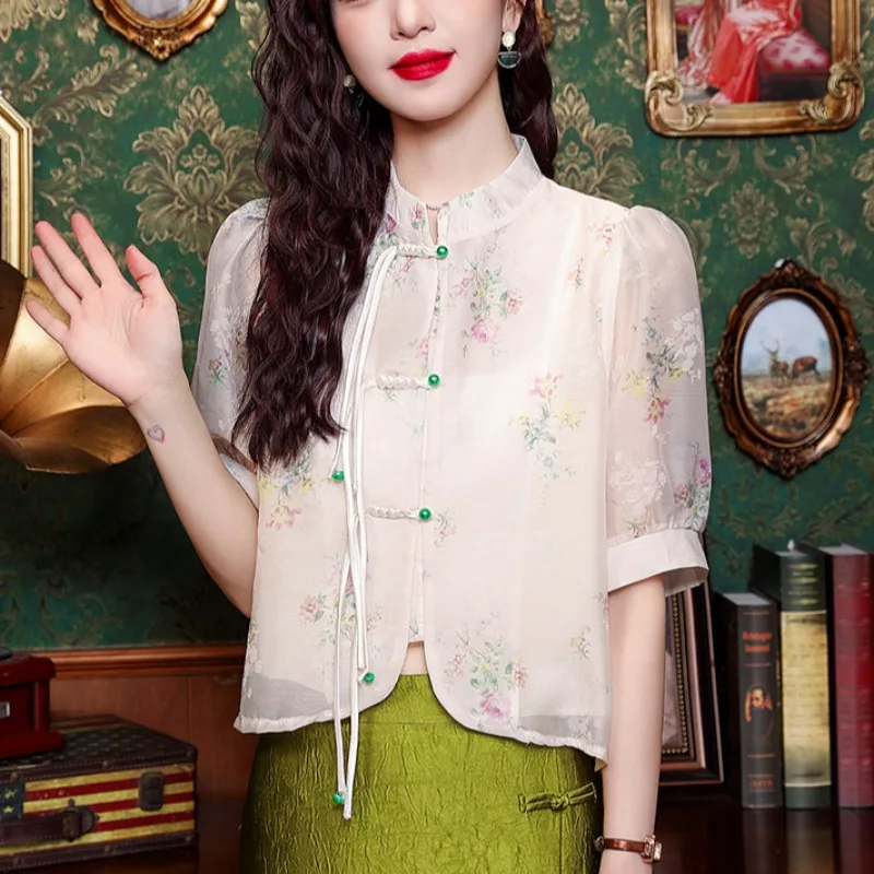 New Chinese Floral Shirts Women Summer 2024 National Sle Buckle Retro Loose Slimming Temperament Short Top