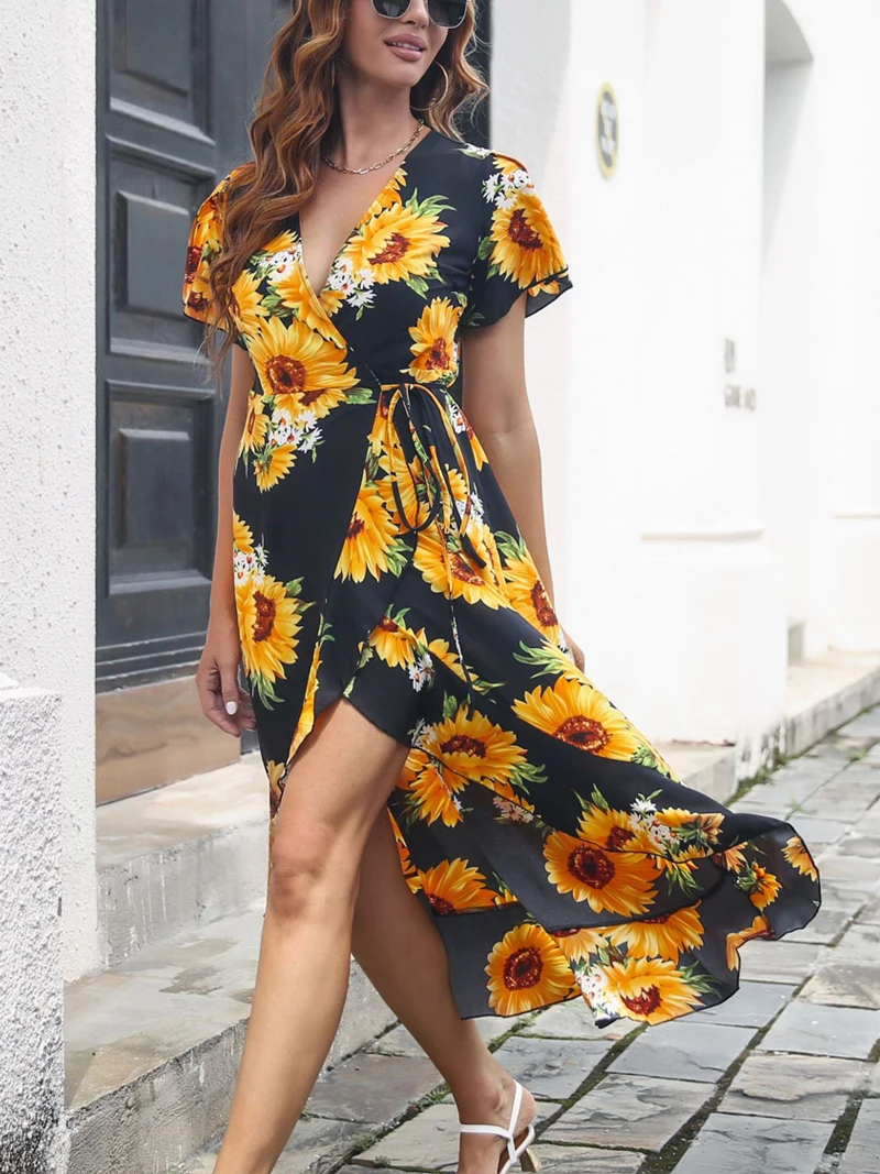 

Летнее праздничное платье с цветочным принтом, длинное женское платье 2023 с рукавом-лепестком, V-образным вырезом и поясом, Пляжное платье, женские платья с оборками