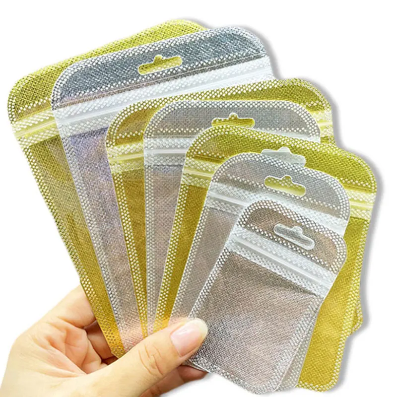 

50pcs Plastic Ziplock OPP Bag Silver&Gold color Storage Pouches with Hang Hole for diy Jewelry Retail Display Bag Packing Pouch
