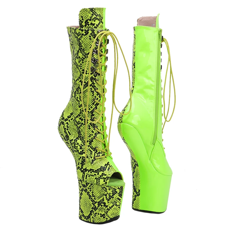 Leecabe Green Snake PU Upper Platform Open Toe  Boots Sexy Exotic heelless pole dance shoes