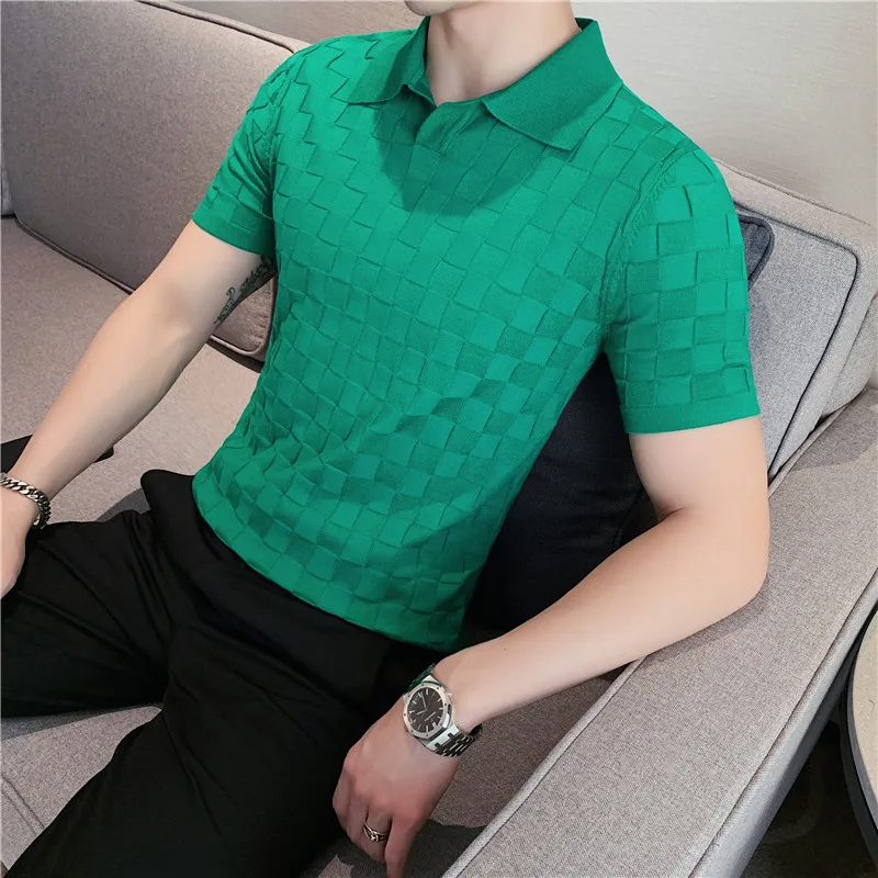 

2022 Summer Plaid Knitted Polo Shirts Men Vintage Green Short Sleeve Lapel Tee Tops Elasticity Slim Casual Business Social Polos