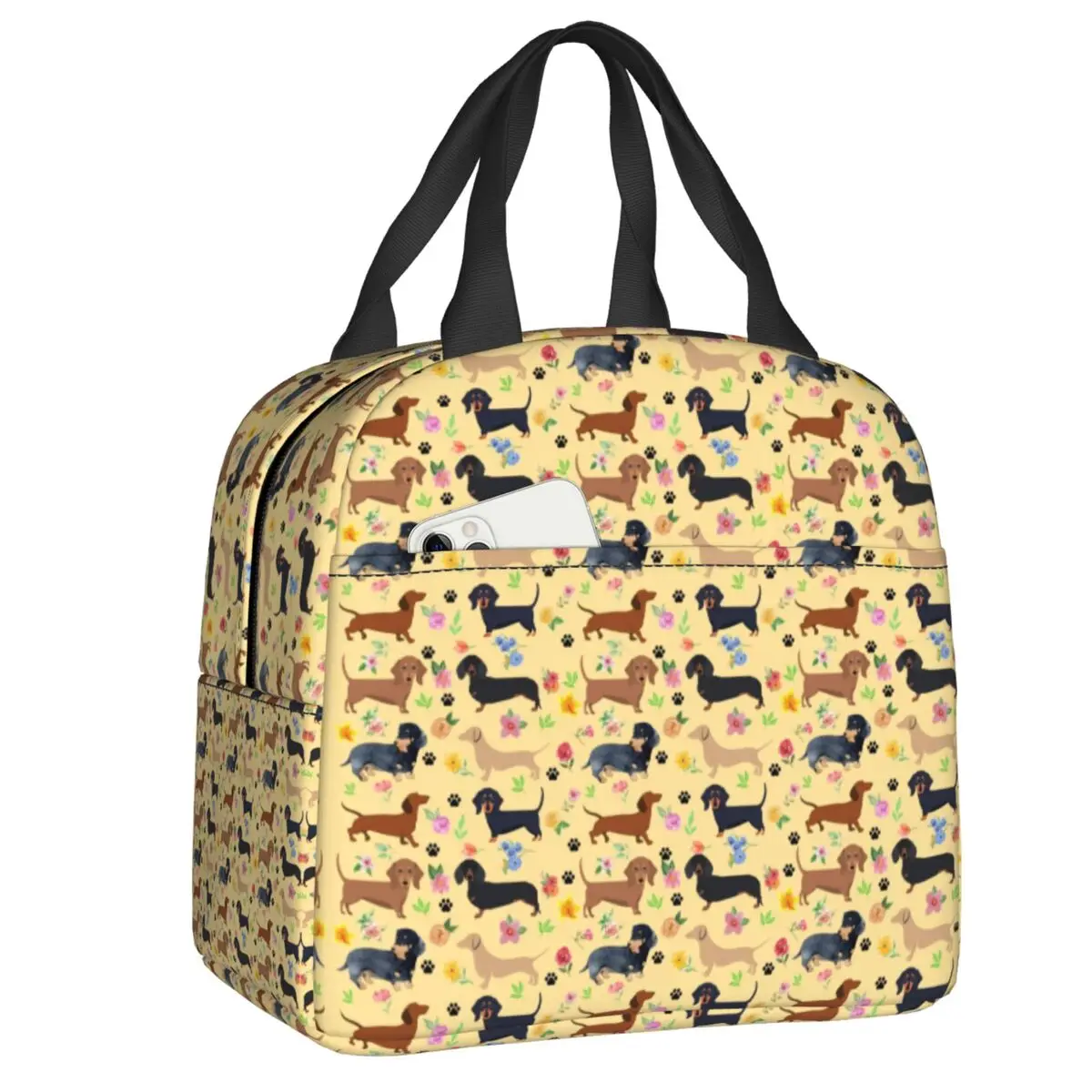 

Spring Dachshund Pattern With Flowers Insulated Lunch Bag Badger Sausage Wiener Cooler Thermal Lunch Box Kids School Children