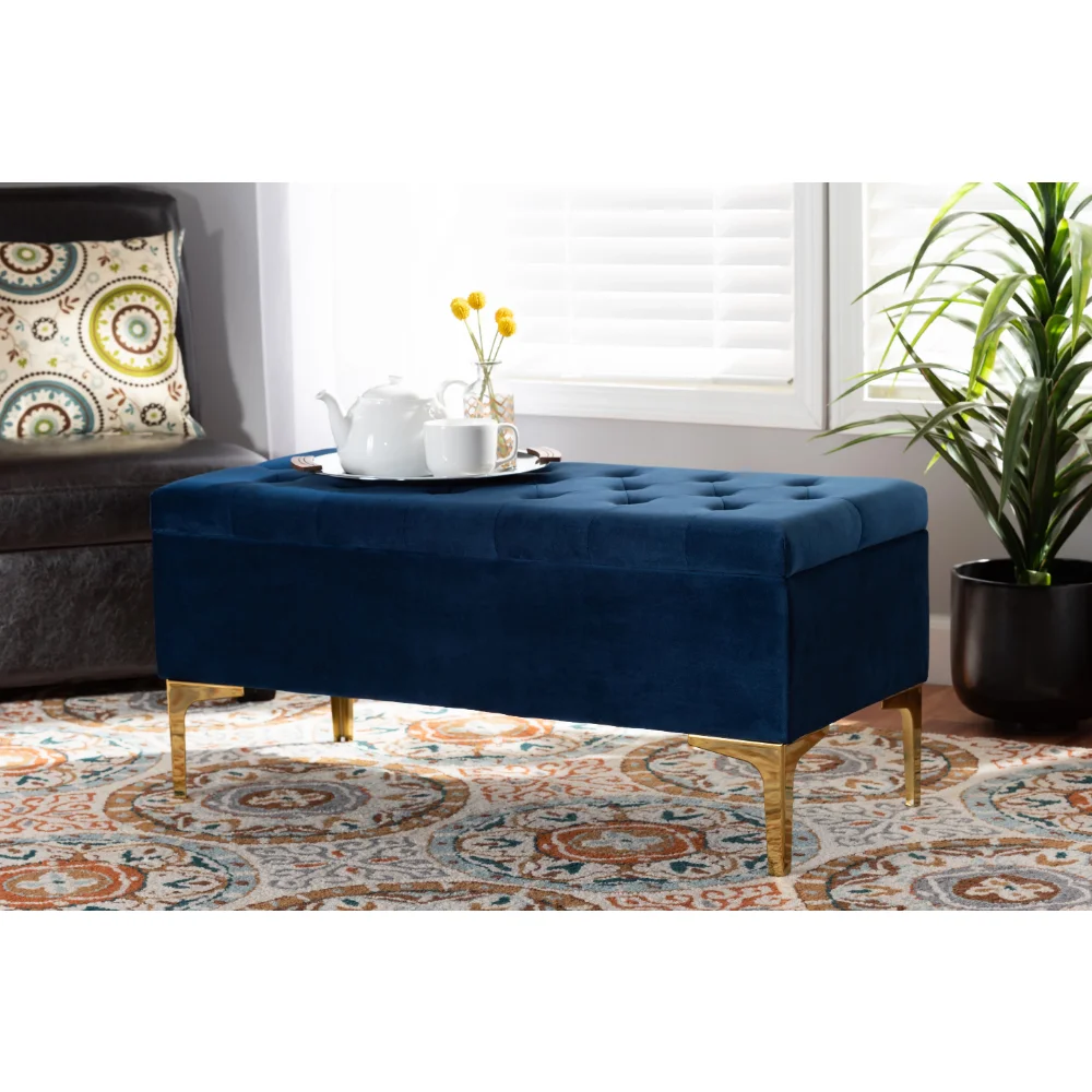 

Baxton Studio Valere Glam and Luxe Navy Blue Velvet Fabric Upholstered Gold Finished Button Tufted Storage Ottoman