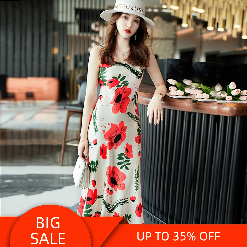 

Spring And Summer Korean Style Fashionable Printed Dress Mid-Length Slim-Fit Suspender Dress Graceful Beach Skirt