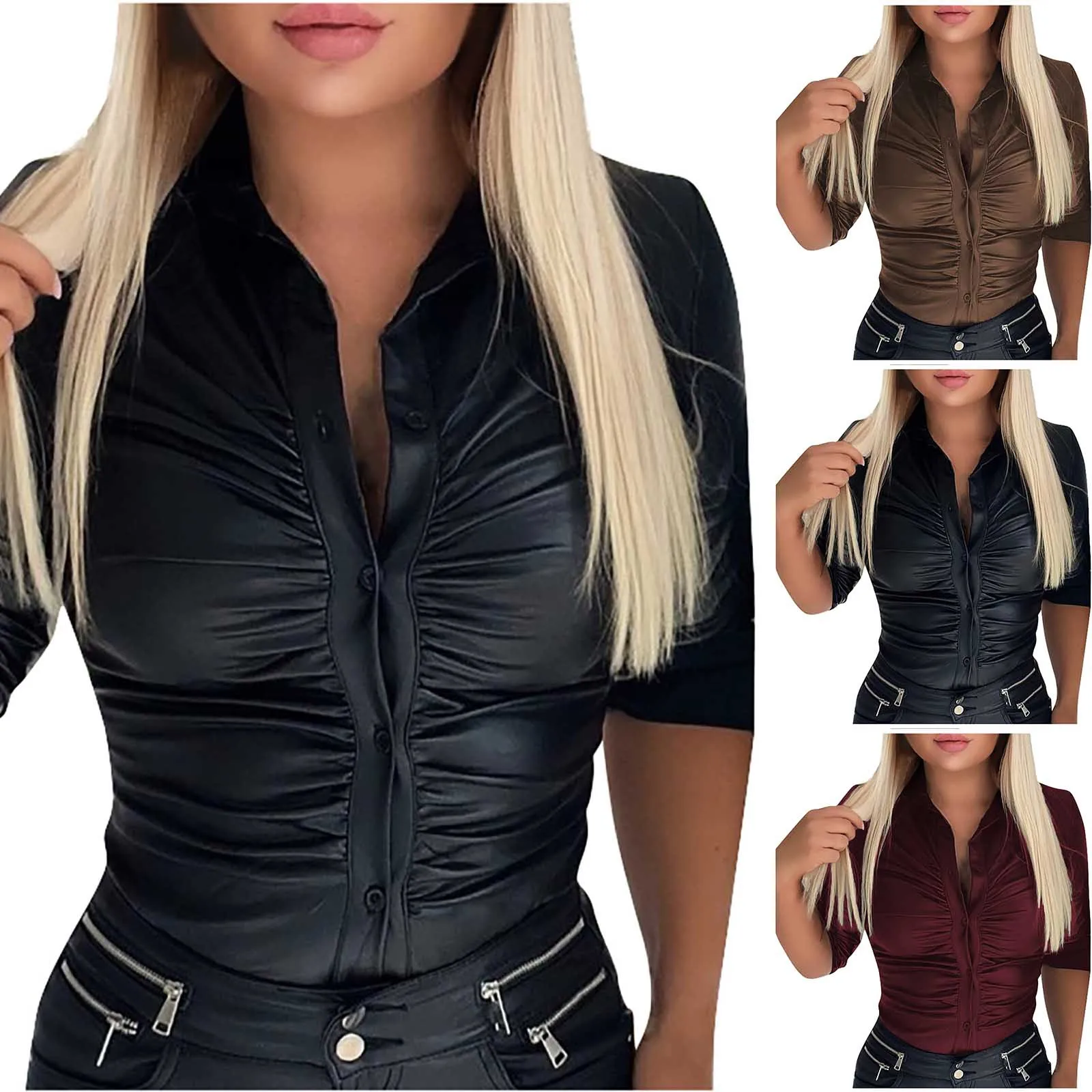 

Women's Fashion Solid Colour Casual Loose Single Breasted Slim Fit Shirt Top Leisure Slimming T-shirt Clothes For Women 2023