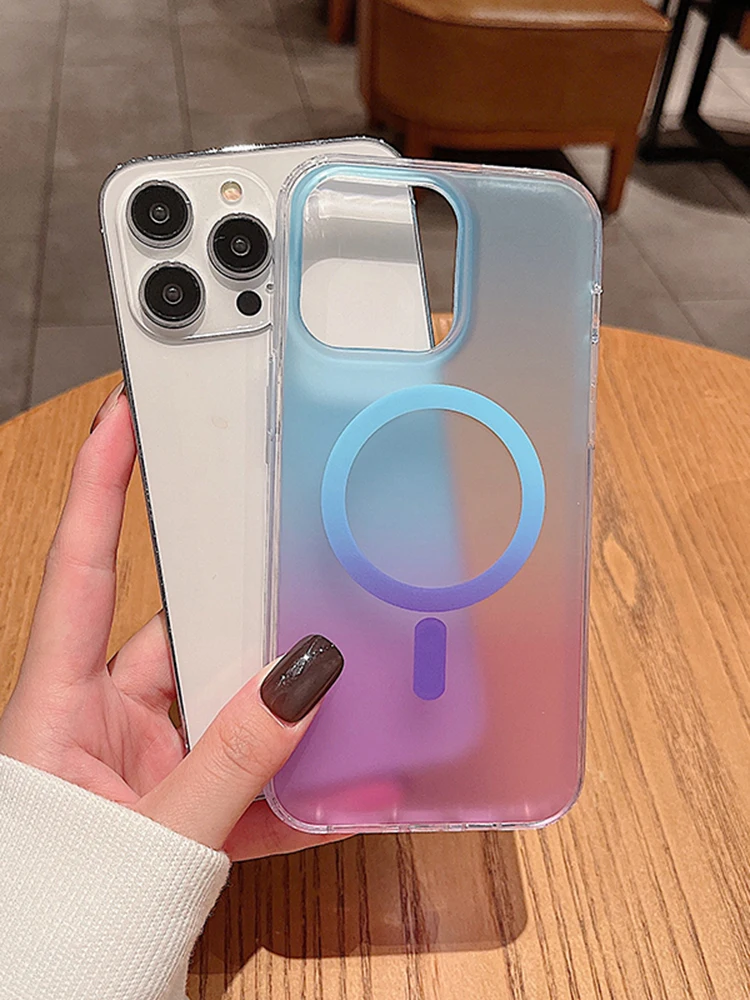 

Gradual Change In Magnetic Skin Absorption Phone Case For iPhone 14 13 12 Pro Max Hard PC Clear Shockproof Cover Fundas Capa