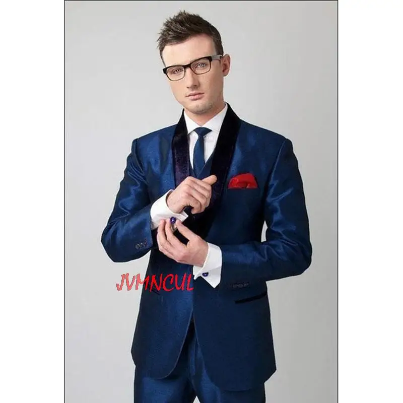 

2022 New Arrival 3Pcs Jacket Pants Vest Young Mens Suits Handmade Shinny Dark Blue Men Suit Blazer Trousers Black Satin Collar