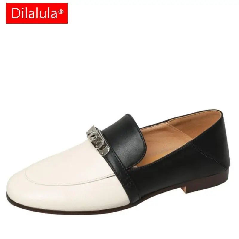 

Dilalula 2024 Брендовые женские туфли из натуральной кожи без застежек разноцветные металлические украшения Роскошные низкие каблуки повседневные Лоферы для женщин