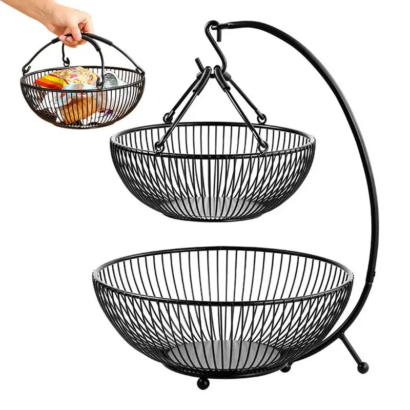 

Kitchen Fruit Basket Stand Countertop Vegetable Basket With Banana Hanger Metal 2-Tiered Fruit Basket Handheld Detachable