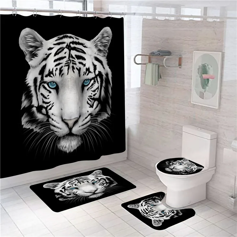 

Tiger Leopard Animals Printing Shower Curtain Polyester Curtains In Bathroom Bath Carpet Set Rugs Toilet Mats Cool Home Decor
