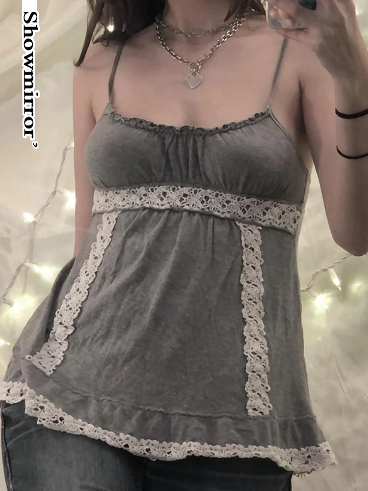 

Showmirror Vintage Fairycore Y2K Cami Top Patchwork Lace Grunge Cute Kawaii Aesthetic A Line Shirts Women Sleeveless Summer Tops