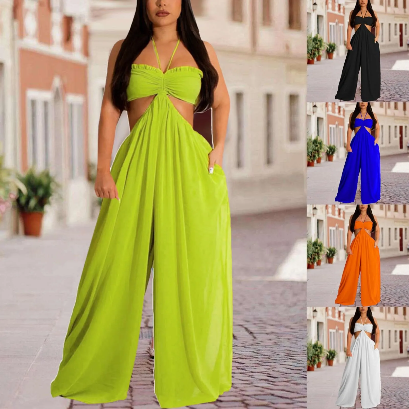 

Plus Size Off The Shoulder elegant solid Jumpsuit Women's hanging neck backless Jumpsuit sexy lady Loose Leg jumpsuits Pants