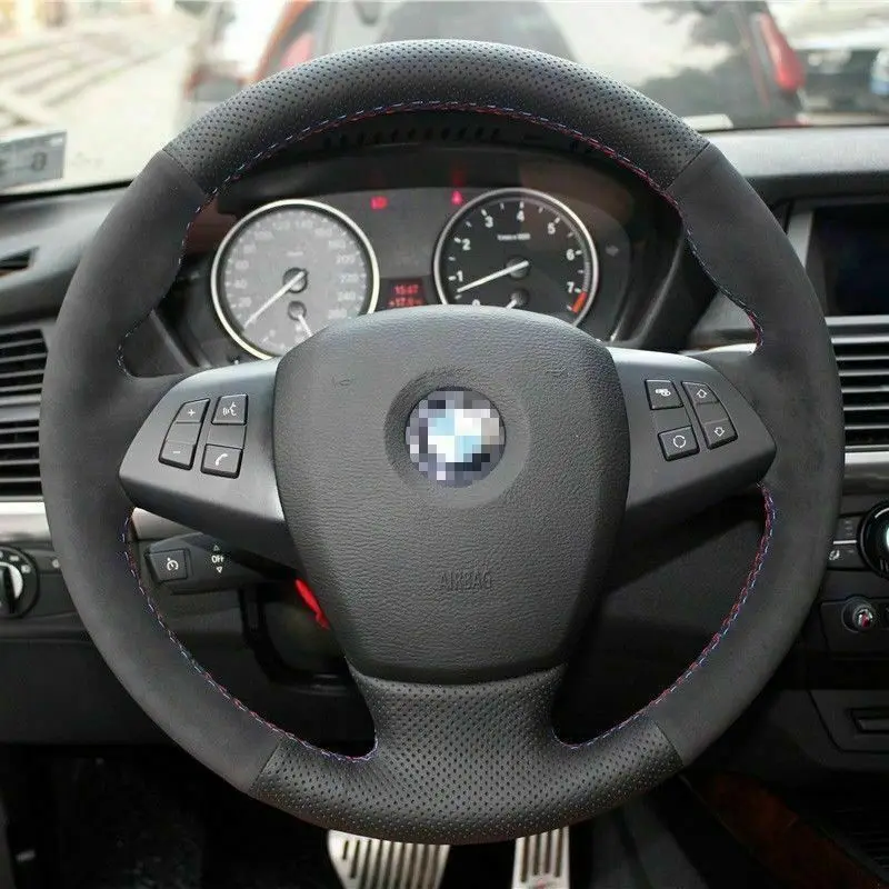 

Нескользящий полностью черный кожаный чехол на руль для BMW X5