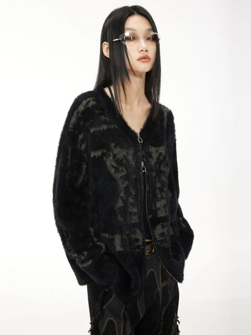 High Street Y2k кардиган вязаный черный винтажный принт свитера пальто женские в